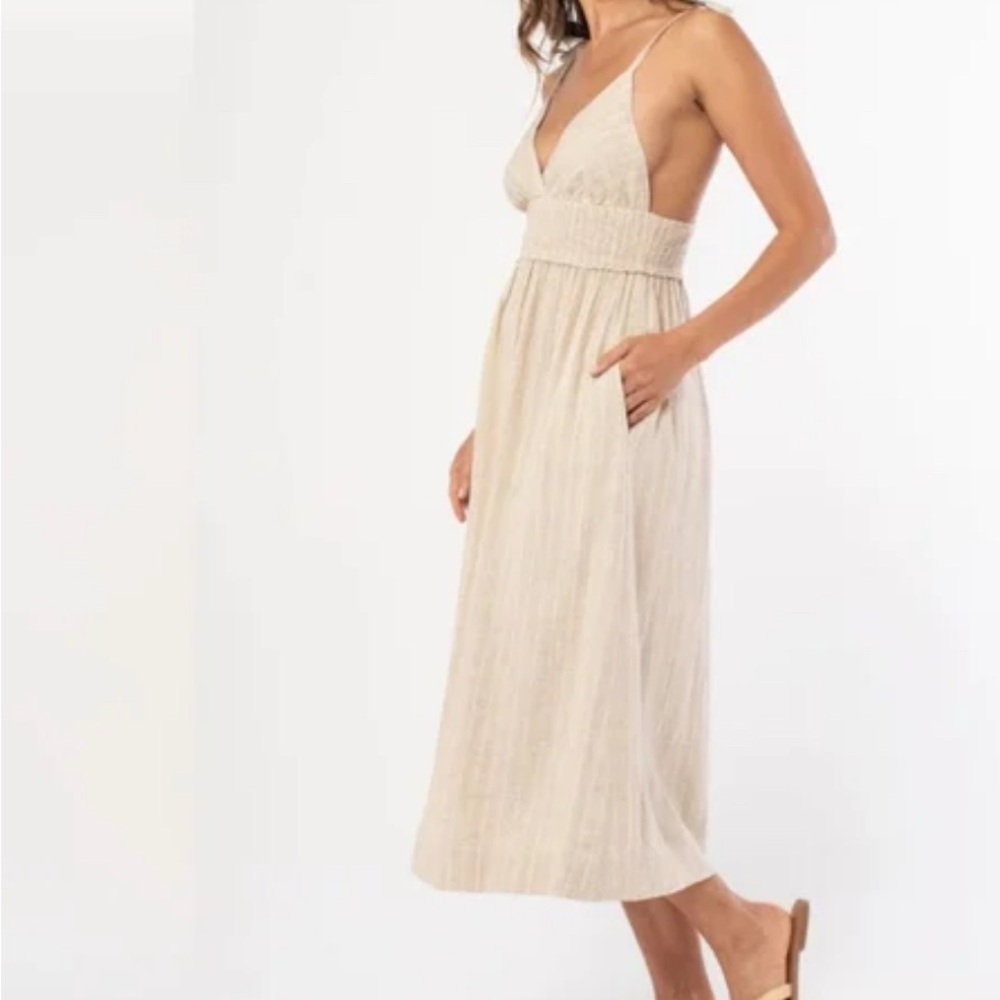 NWT Lovestitch Sunrise Highway Beige and White Linen/Rayon Midi Dress (Fall)